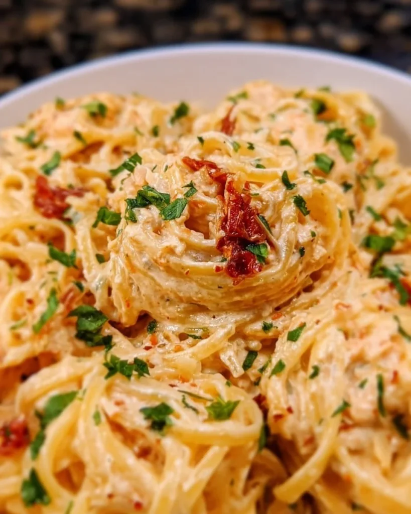 Plate of Marry Me Pasta garnished with herbs and cheese