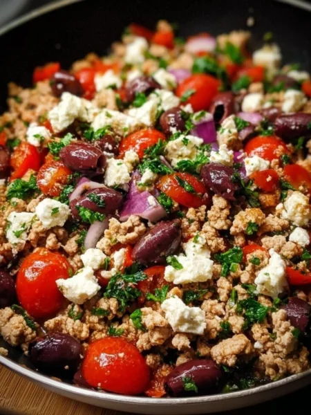 Mediterranean Keto Skillet featuring ground chicken, olives, and feta cheese.