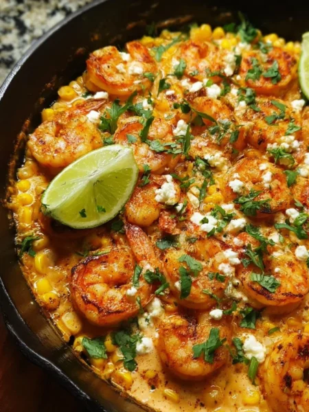 Mexican street corn topped with shrimp and creamy feta cheese sauce