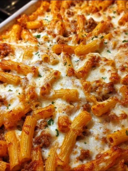 Delicious plate of Million Dollar Baked Ziti with cheese and herbs
