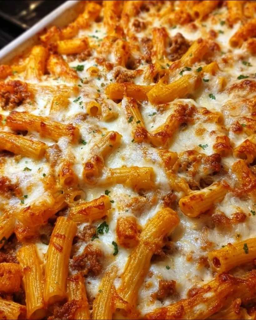 Delicious plate of Million Dollar Baked Ziti with cheese and herbs