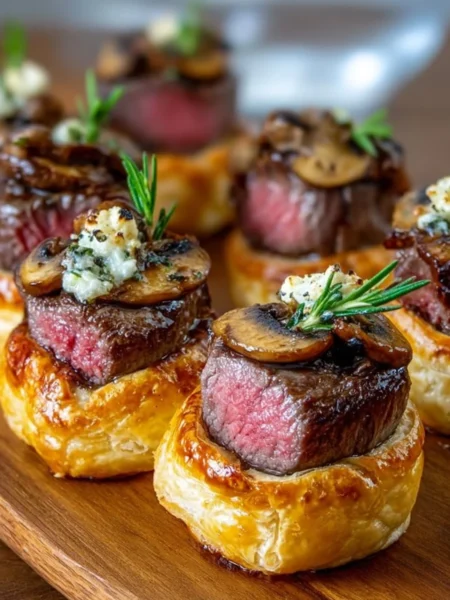 Mini Beef Wellington Bites with tender beef and flaky pastry on a platter