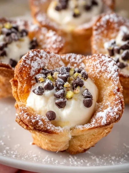 Mini Cannoli Cups filled with sweet ricotta cream, perfect dessert treat.