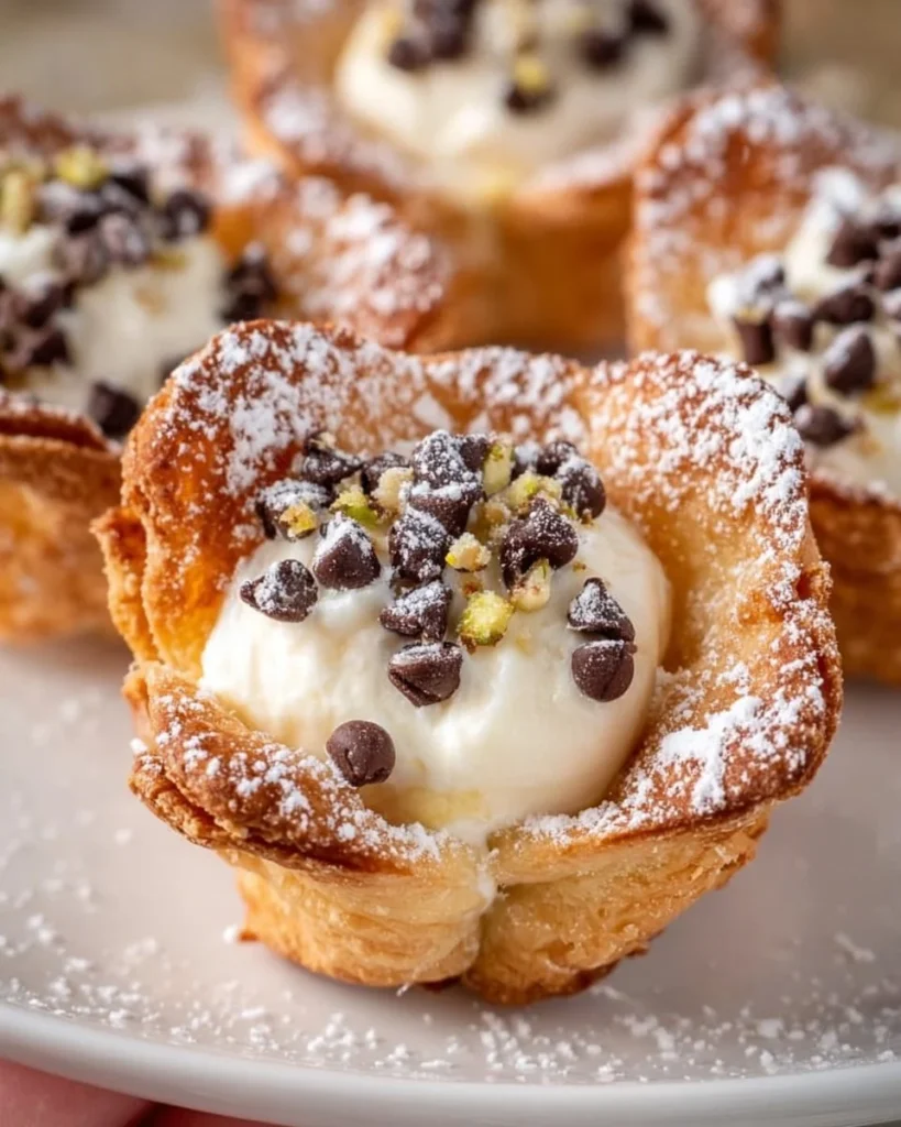 Mini Cannoli Cups filled with sweet ricotta cream, perfect dessert treat.