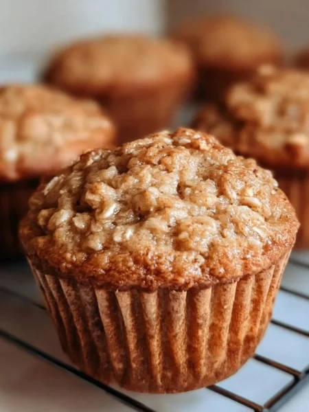 Moist applesauce oatmeal muffins on a wooden table, ready to be served.