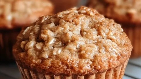 Moist applesauce oatmeal muffins on a wooden table, ready to be served.