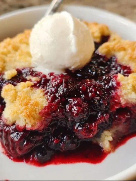 Slice of old-fashioned blackberry cobbler with fresh blackberries on top
