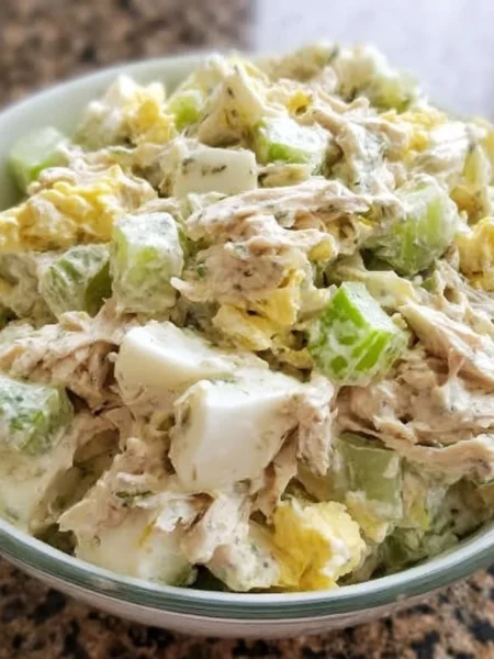 Delicious Old Fashioned Chicken Salad served in a bowl with fresh ingredients
