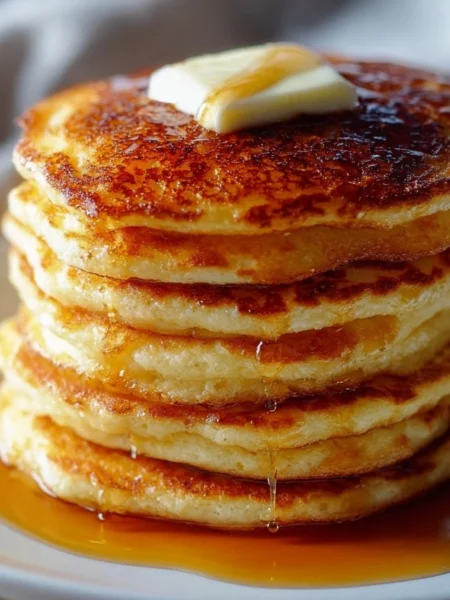 Delicious stack of old-fashioned pancakes with syrup and berries