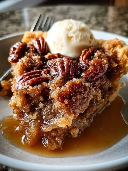 Delicious old-fashioned pecan pie cobbler served in a warm dish