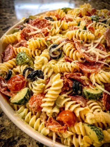 Delicious Olive Garden pasta salad with fresh veggies and dressing