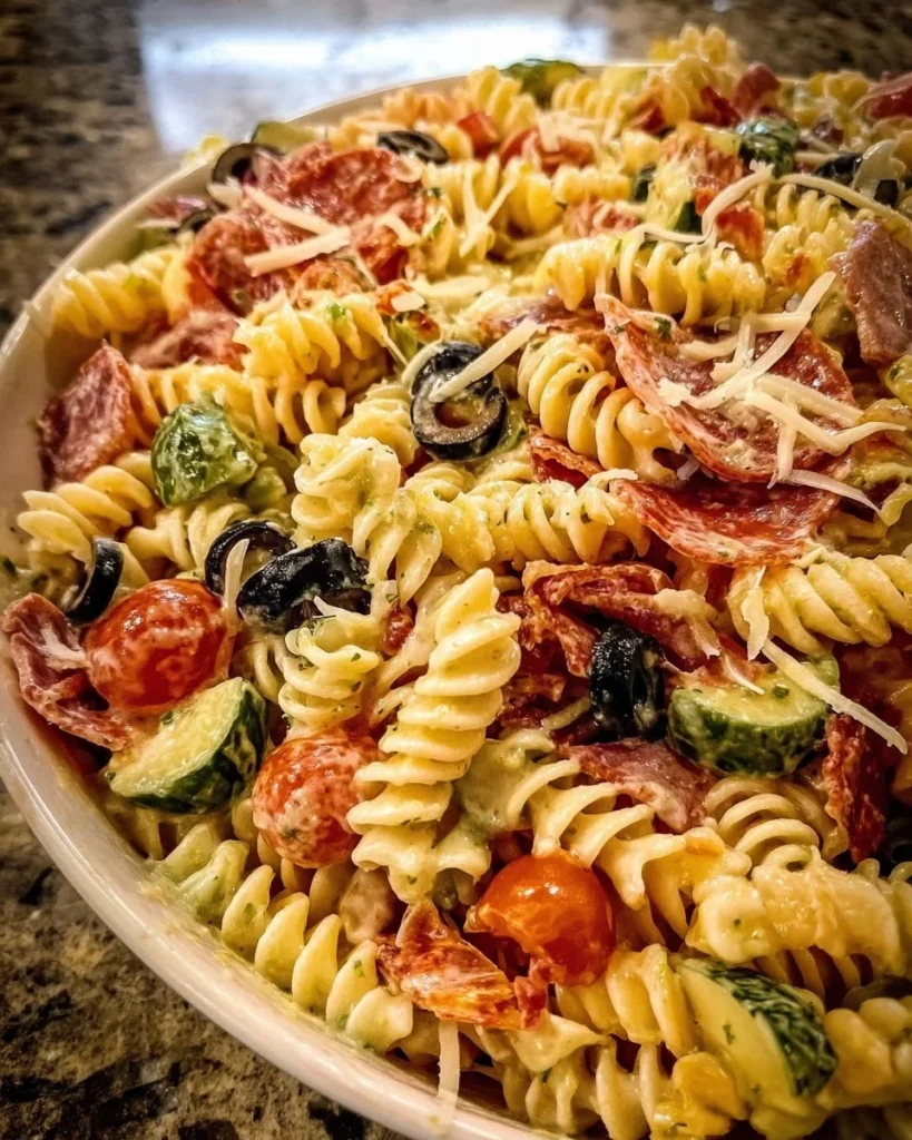 Delicious Olive Garden pasta salad with fresh veggies and dressing