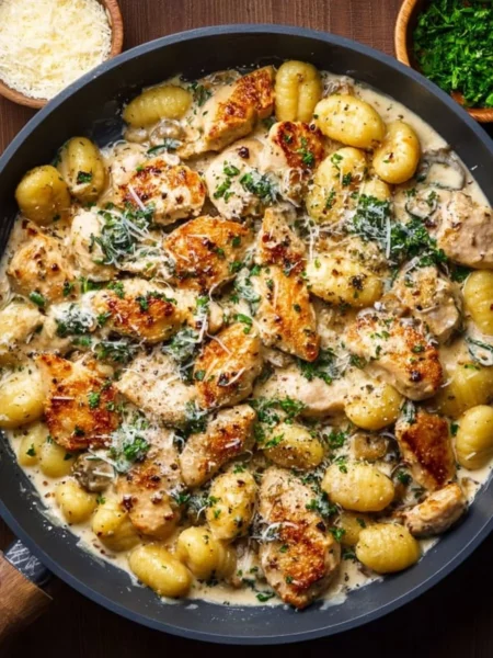 One-Pan Creamy Garlic Chicken Gnocchi with fresh herbs and garnished