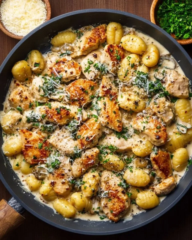 One-Pan Creamy Garlic Chicken Gnocchi with fresh herbs and garnished