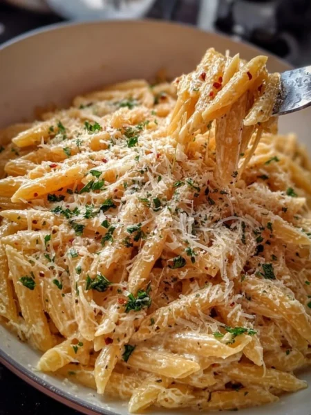 Delicious one pot creamy garlic pasta topped with fresh herbs.