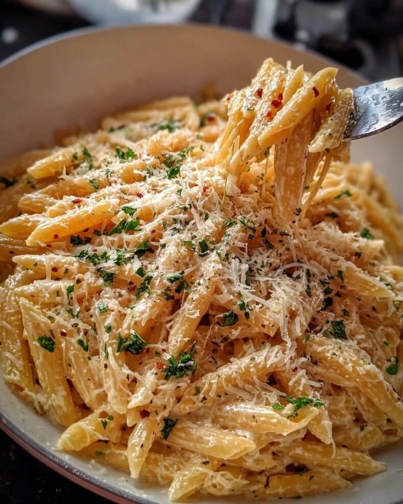 Delicious one pot creamy garlic pasta topped with fresh herbs.