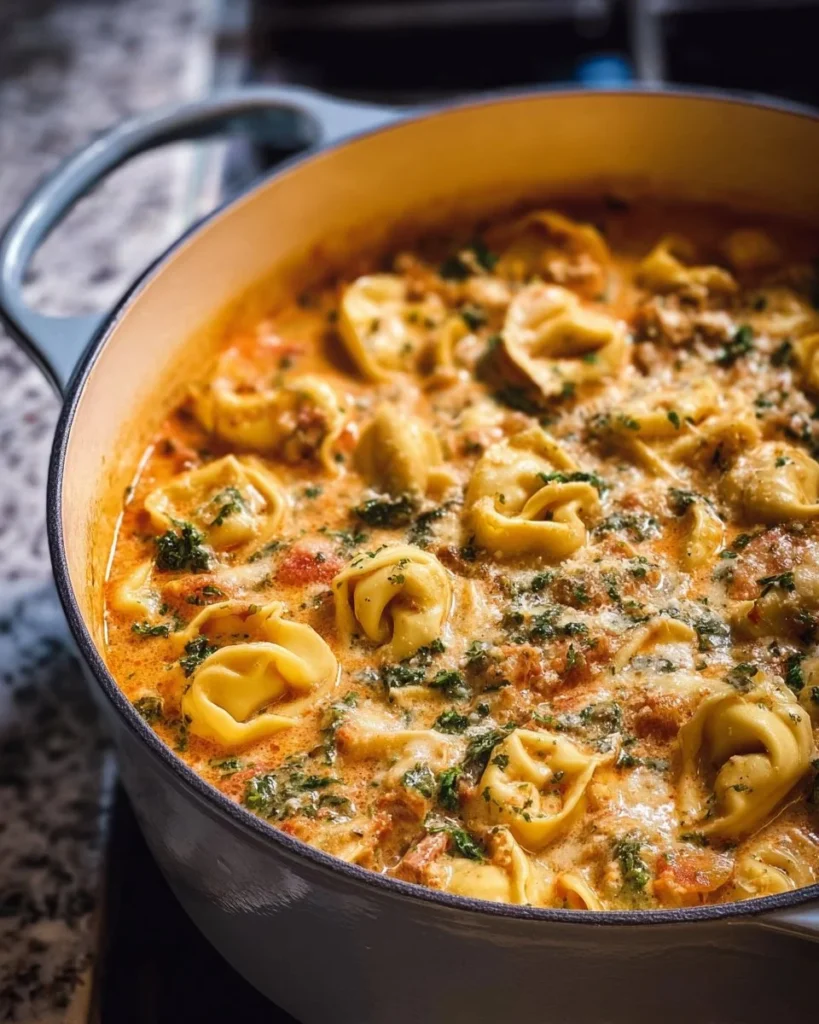 Delicious one-pot creamy tortellini soup with fresh herbs and vegetables