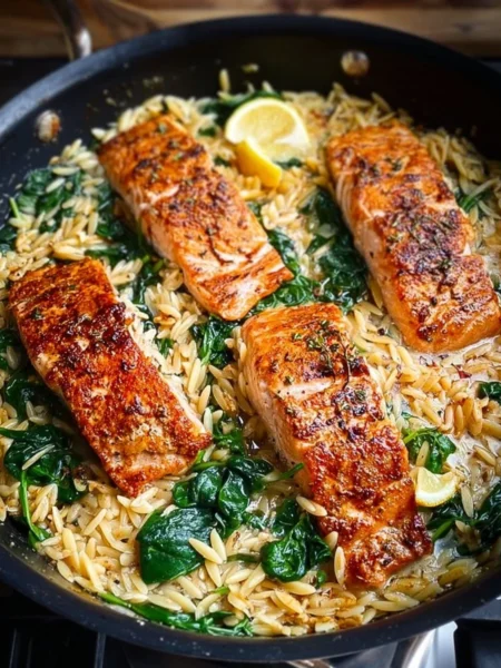 One skillet salmon cooked with lemon orzo for a flavorful dinner dish