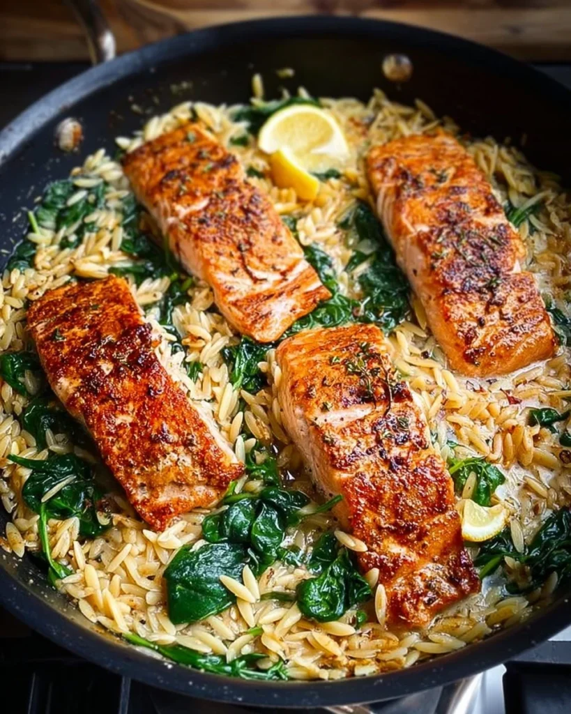One skillet salmon cooked with lemon orzo for a flavorful dinner dish