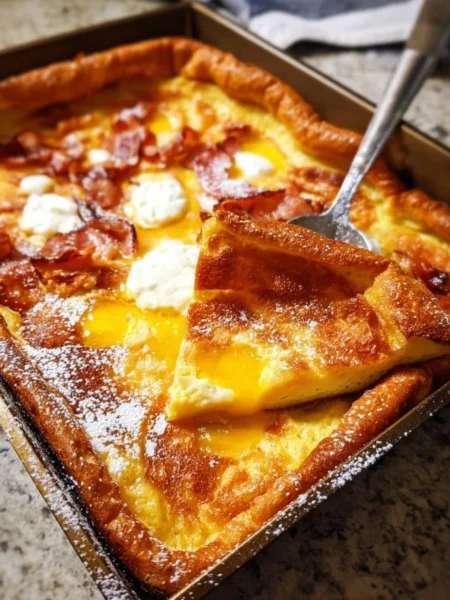 Oven baked German pancakes served with fresh fruits and syrup