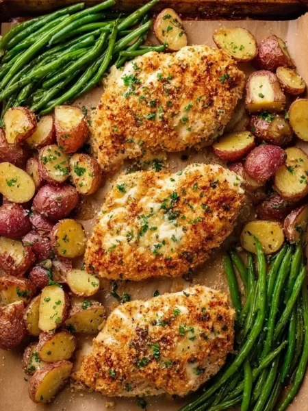 Parmesan Crusted Chicken Sheet Pan Dinner with vegetables
