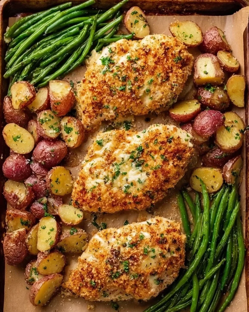 Parmesan Crusted Chicken Sheet Pan Dinner with vegetables