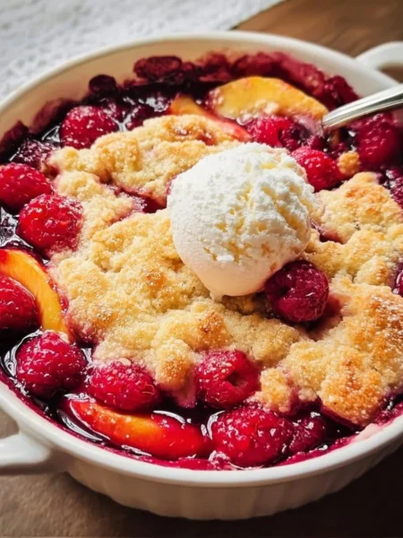 Delicious peach cobbler baked with fresh raspberries