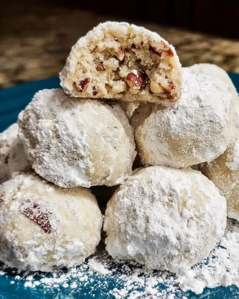 Delicious Pecan Snowball Cookies dusted with powdered sugar.