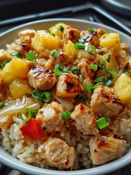 Delicious pineapple chicken served with fluffy rice