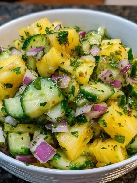Colorful Pineapple Cucumber Salad in a bowl with fresh ingredients