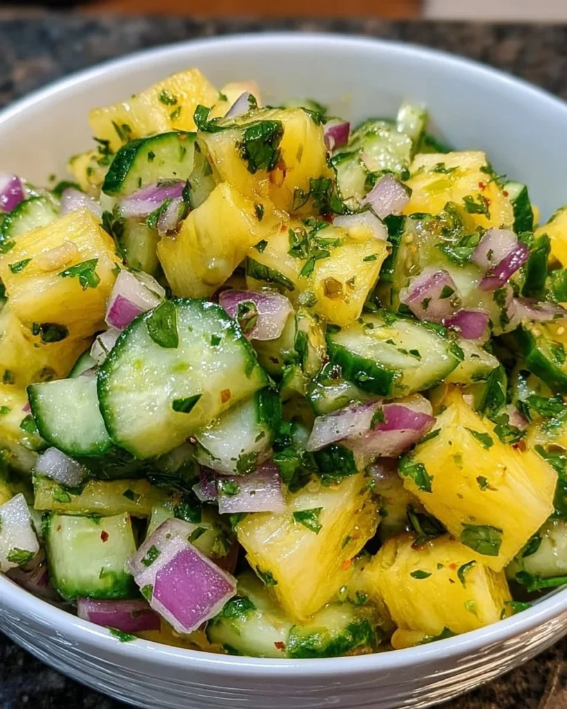 Colorful Pineapple Cucumber Salad in a bowl with fresh ingredients