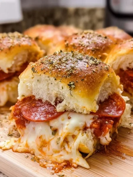 Delicious homemade pizza sliders served on a platter with toppings.