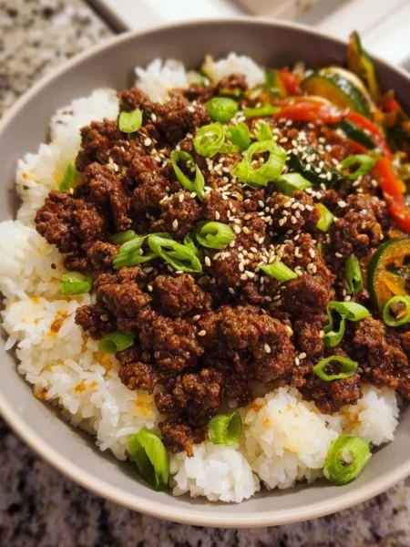 Delicious Korean Beef Bowl served with rice and vegetables