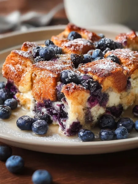 Delicious quick blueberry french toast casserole served on a plate