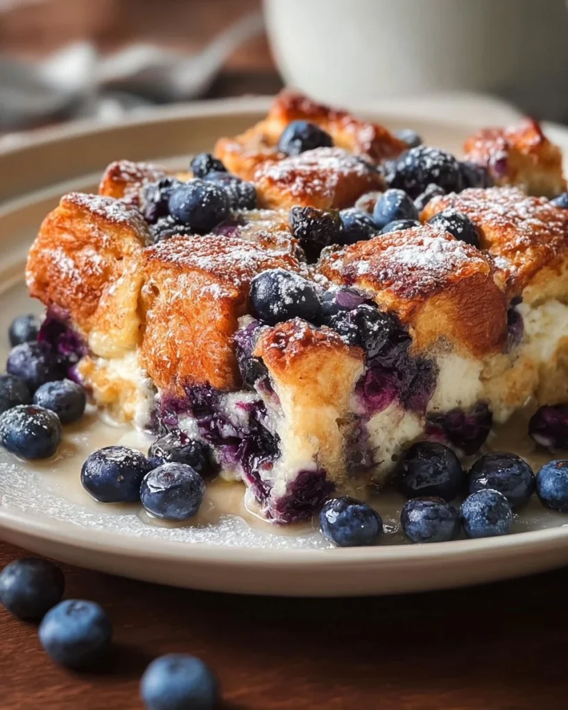 Delicious quick blueberry french toast casserole served on a plate