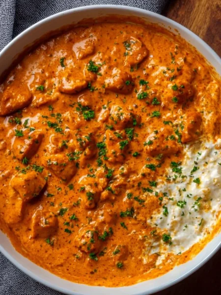 Delicious homemade butter chicken served with rice and naan.