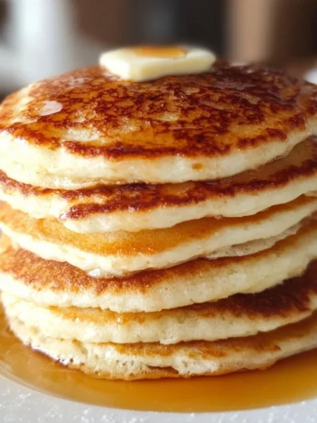 Stack of fluffy homemade pancakes topped with syrup and berries