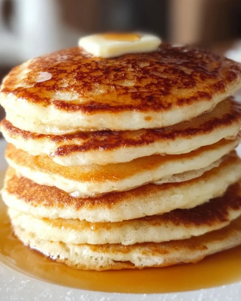 Stack of fluffy homemade pancakes topped with syrup and berries