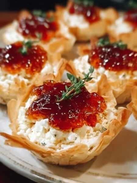Cream cheese pepper jelly dip served with crackers and vegetables.