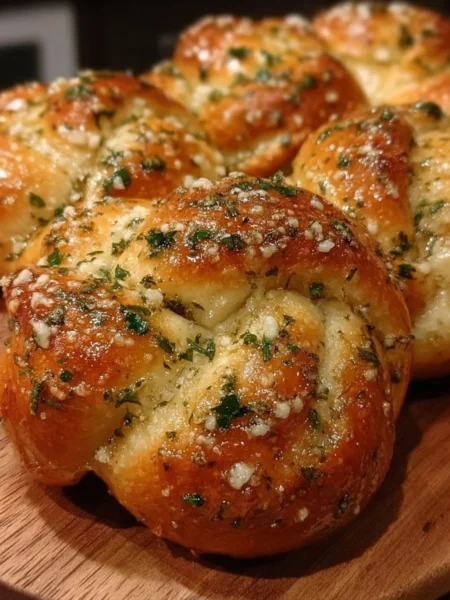 Freshly baked sourdough garlic knots drizzled with butter and herbs