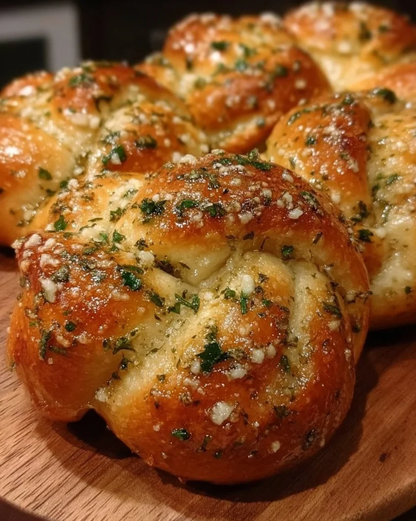 Freshly baked sourdough garlic knots drizzled with butter and herbs