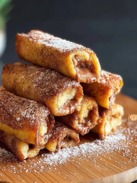 Rolled French toast with Nutella drizzled on top, served for breakfast