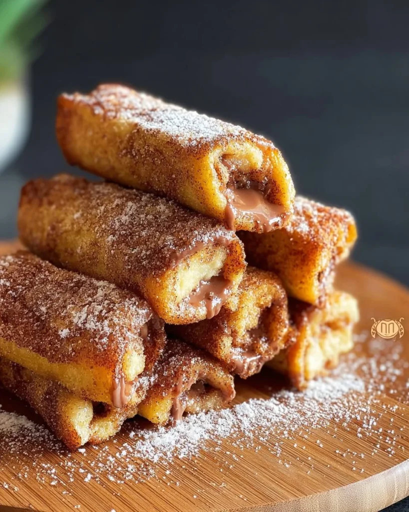 Rolled French toast with Nutella drizzled on top, served for breakfast