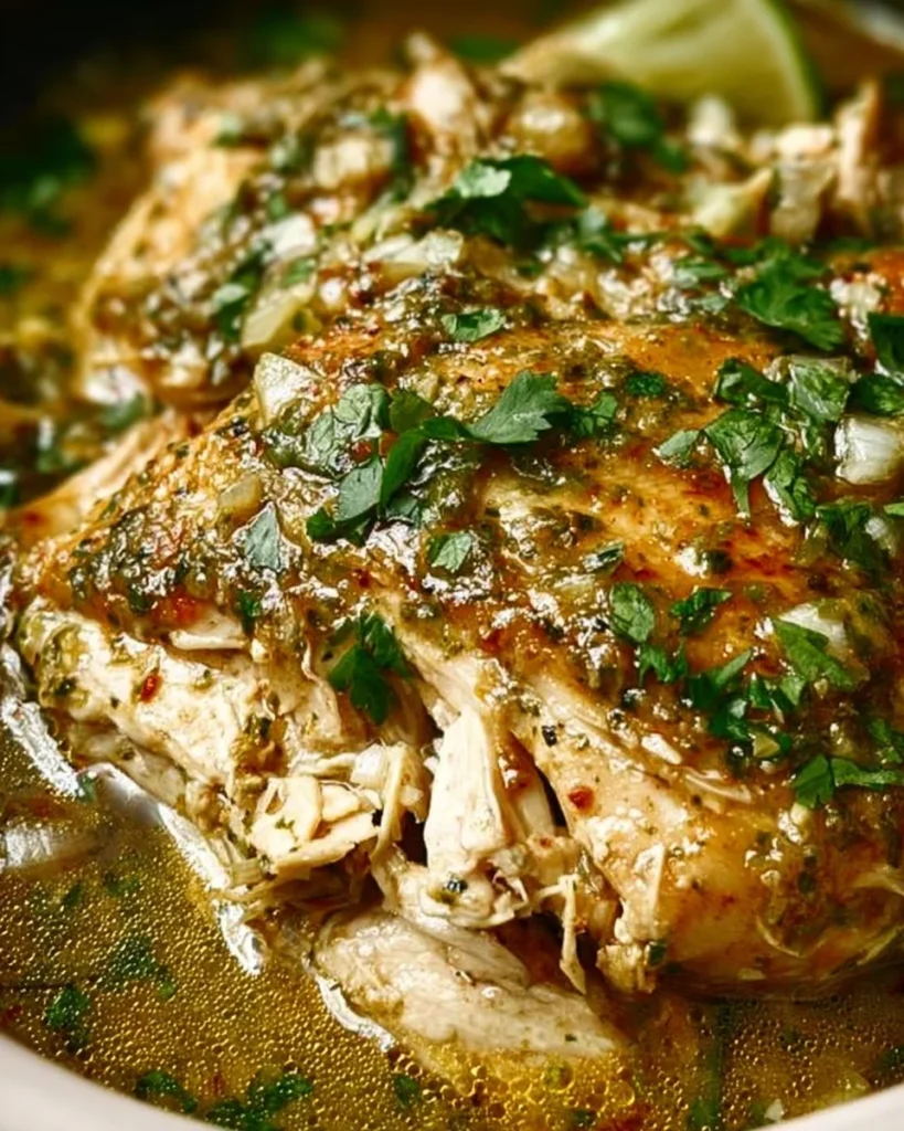 Delicious Salsa Verde Crockpot Chicken served with garnishes