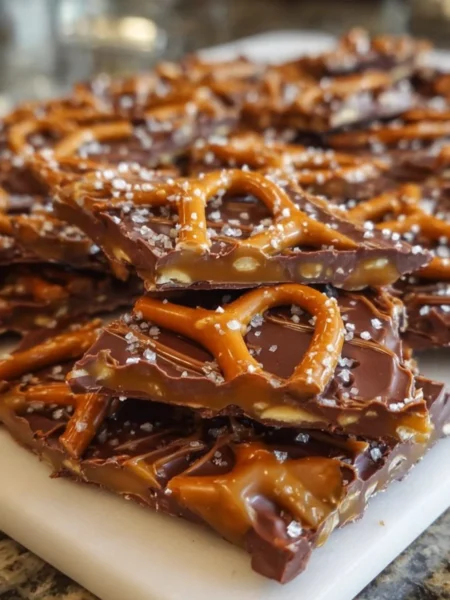 Delicious salted caramel pretzel bark with a sweet and salty flavor