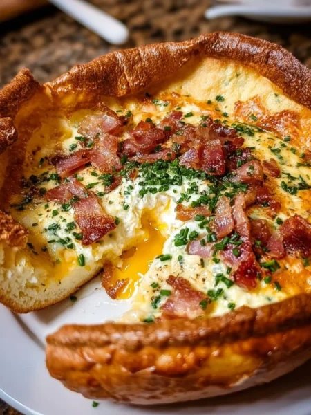 Savory cheddar bacon dutch baby topped with herbs and spices for a delicious meal