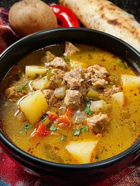 Bowl of savory green chili stew with fresh ingredients and spices