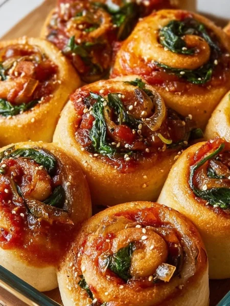 Savory vegan pizza rolls with spinach and zesty marinara sauce