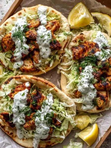 Sheet Pan Chicken Pitas topped with Herby Ranch dressing and fresh herbs