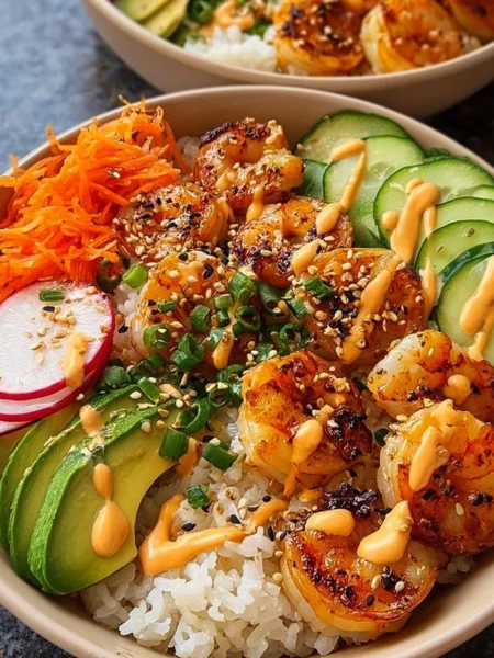 Shrimp rice bowls topped with spicy mayo and fresh vegetables